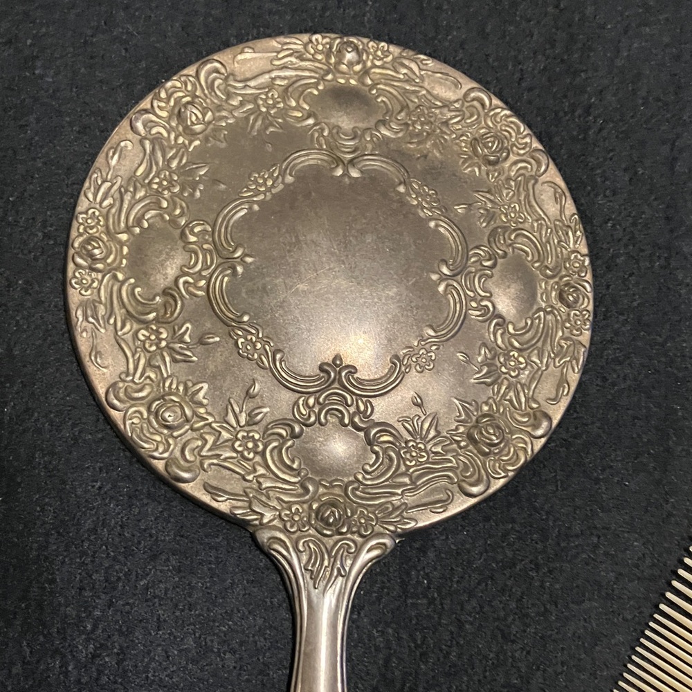 Vintage Elegant Silver Plated Vanity Set with Mirror, Brush, and Comb - Picture 6 of 6